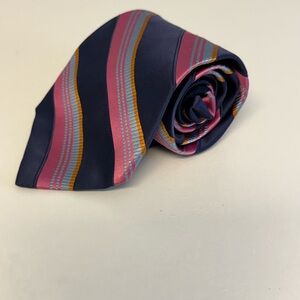 Elegant Striped Tommy Hilfiger Silk Tie - Navy, Pink, and Orange